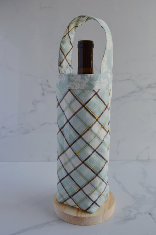 Light Blue Leafy Plaid Wine Bottle Bag