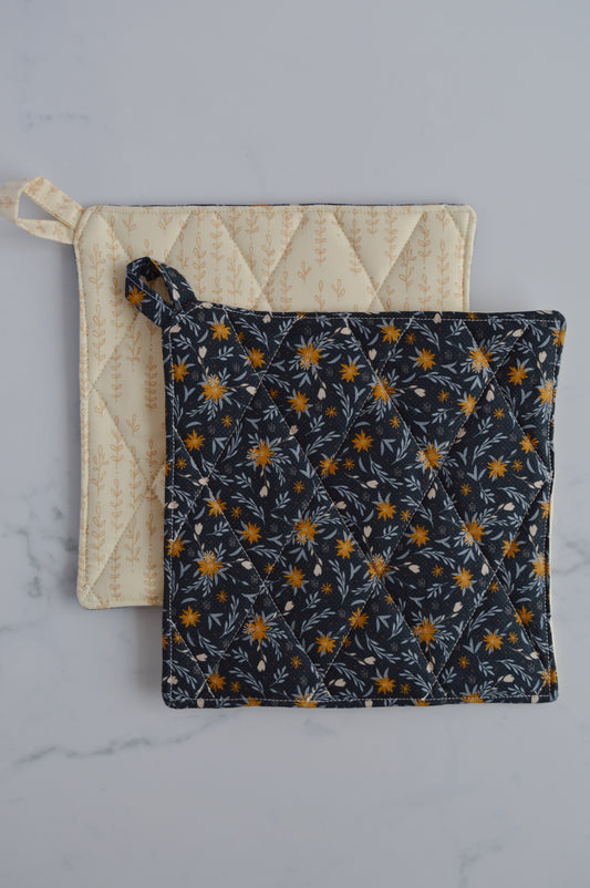 Navy and Gold Floral Potholders, Set of 2