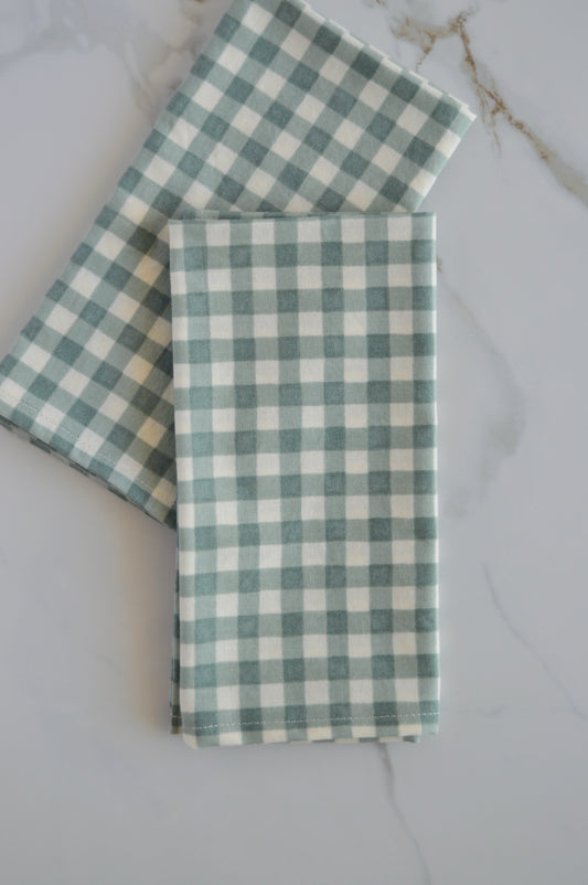 set of two white and teal gingham napkins